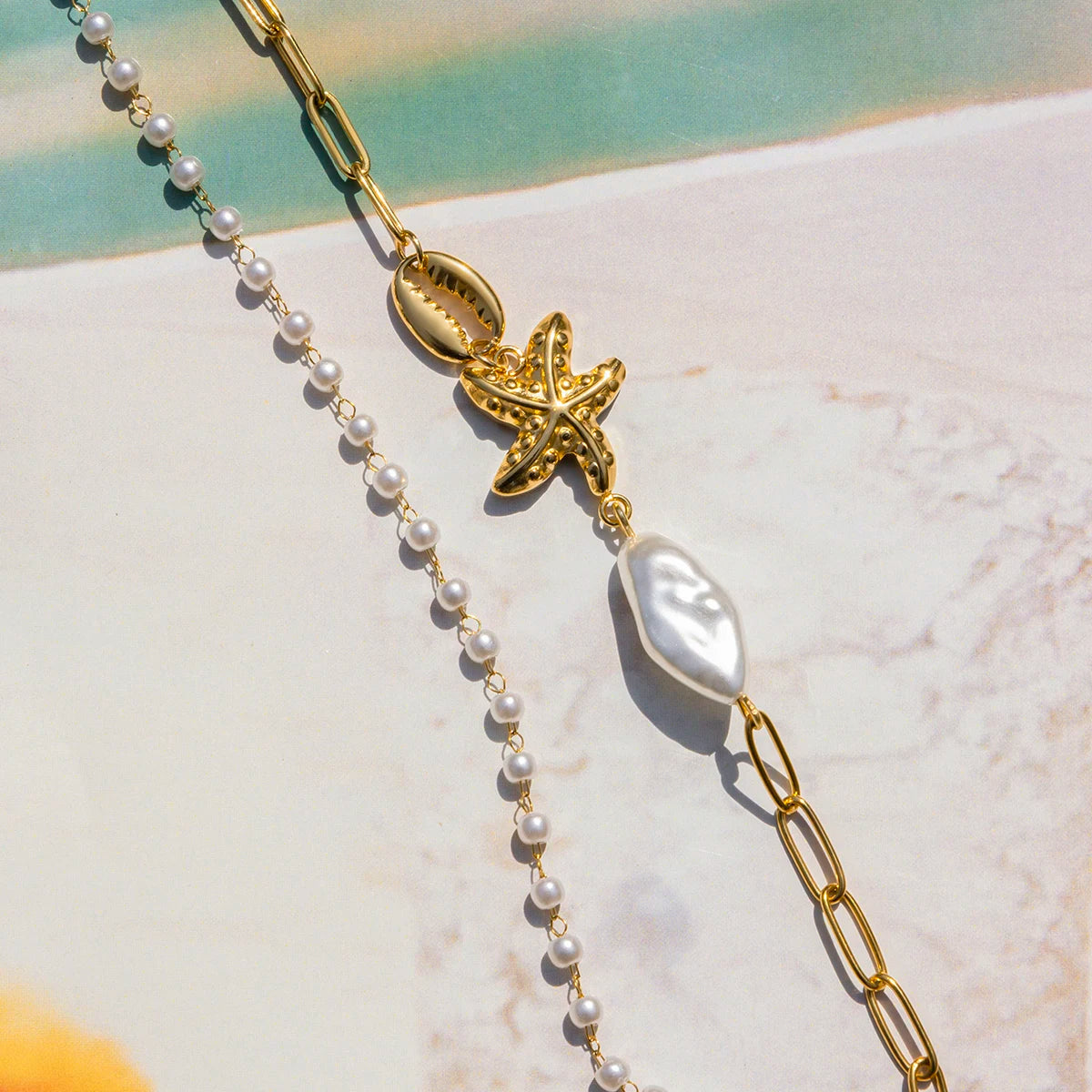 Summer Holiday Multi-layer Bracelet Stainless Steel Irregular Imitation Pearl Textured Starfish Bracelet