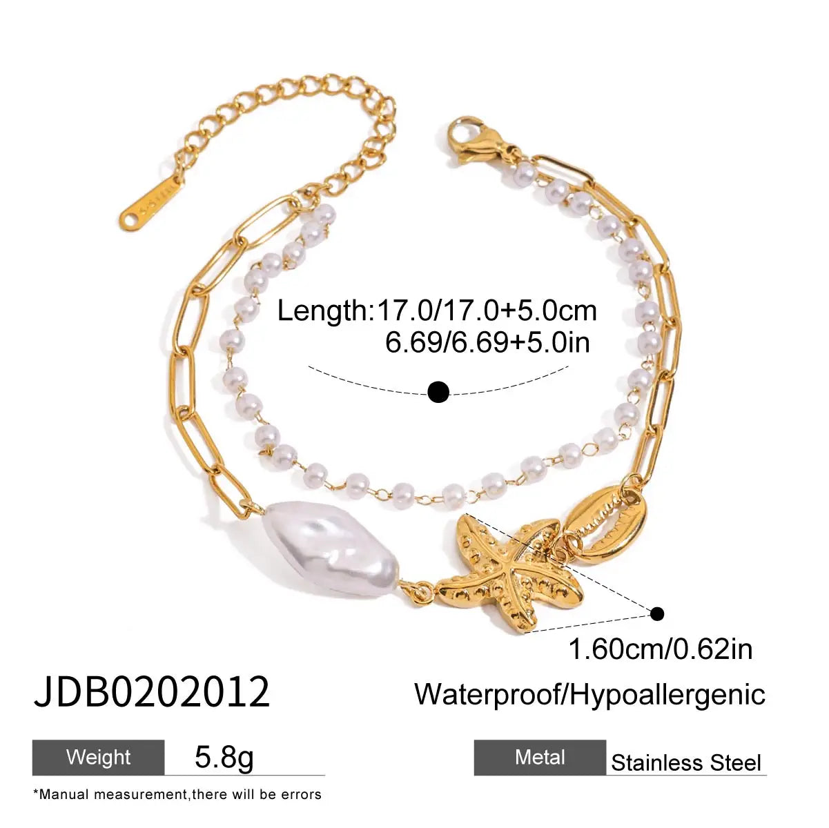 Summer Holiday Multi-layer Bracelet Stainless Steel Irregular Imitation Pearl Textured Starfish Bracelet