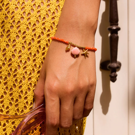 Ceramic Conch Pendant Orange Crystal Chain Bracelet