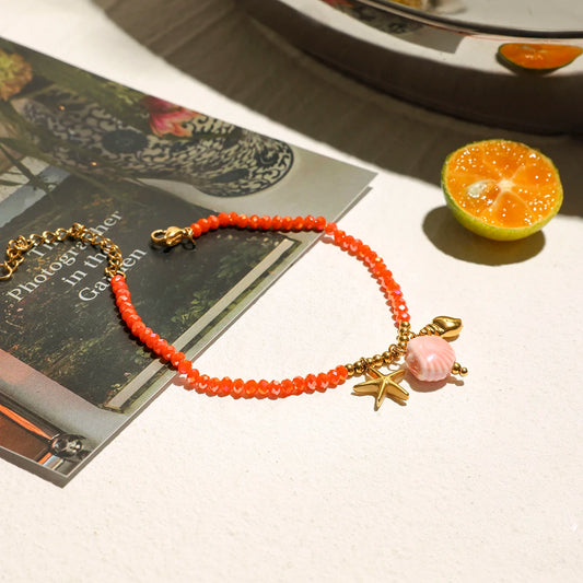 Ceramic Conch Pendant Orange Crystal Chain Bracelet
