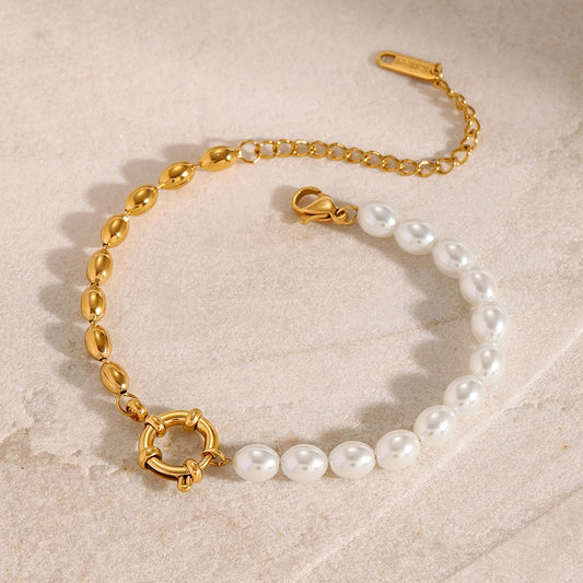 Gold Plated Stainless Steel Geometric Oval Imitation Pearl Bracelet