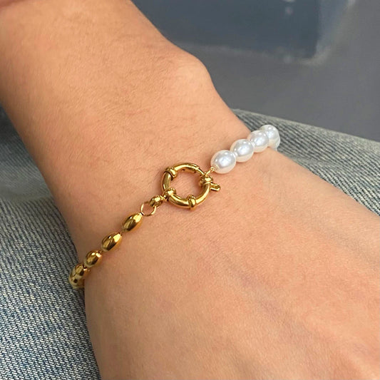 Gold Plated Stainless Steel Geometric Oval Imitation Pearl Bracelet