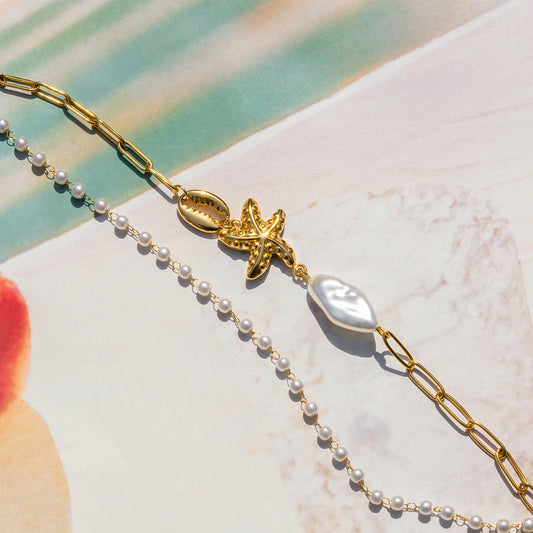 Summer Holiday Multi-layer Bracelet Stainless Steel Irregular Imitation Pearl Textured Starfish Bracelet